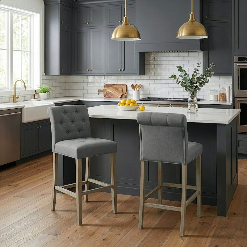 Set of 2 Aleen Grey Fabric Bar Stool with Roll Back and Tufted Buttons