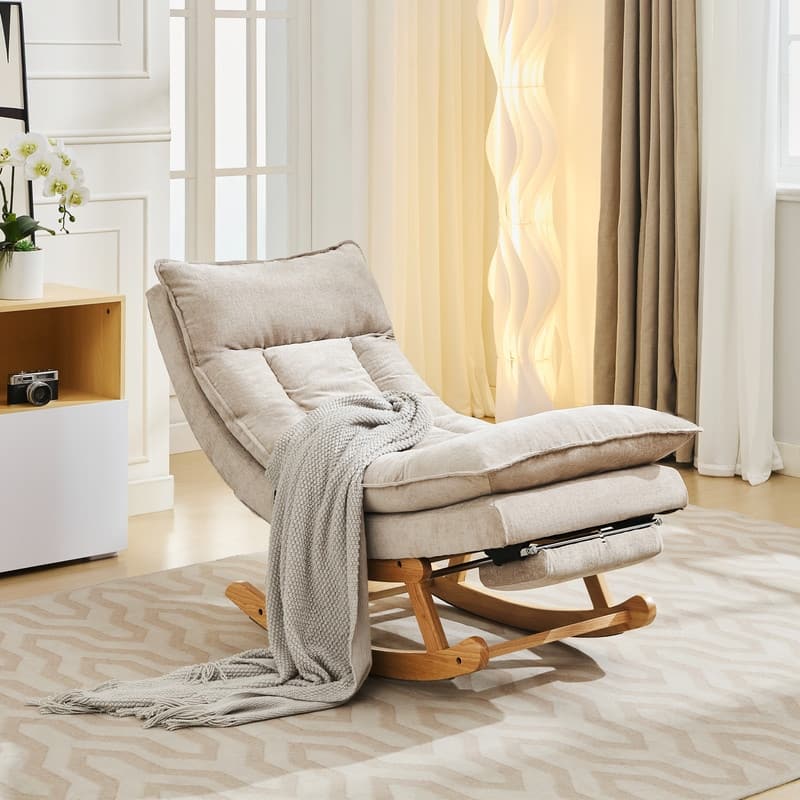 Fabric Upholstered Rocking Chair with Solid Wood Base and Hidden Footrest – Ergonomic Dual-Cushion Design