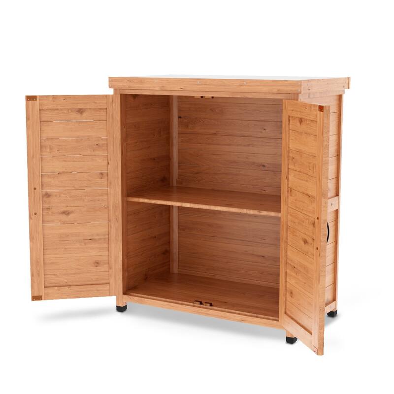 Wooden Patio Furniture with Metal-Tabletop, Potting Bench with Storage Cabinet, Outdoor Patio Storage Cabinet with Shelves