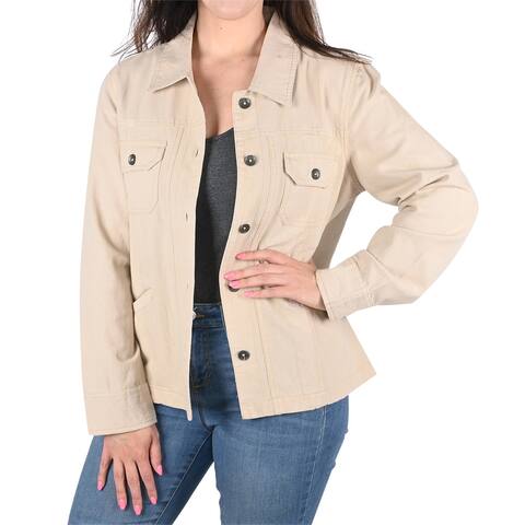 PASSAGE Solid Ivory Canvas Button Front Utility Style Jacket - Large