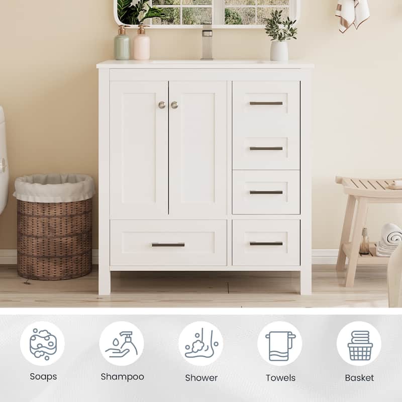 EROMMY All-in-One Bathroom Vanity with Ceramic Sink, Soft-Close Storage Cabinet & Drawer, Glossy Countertop, White