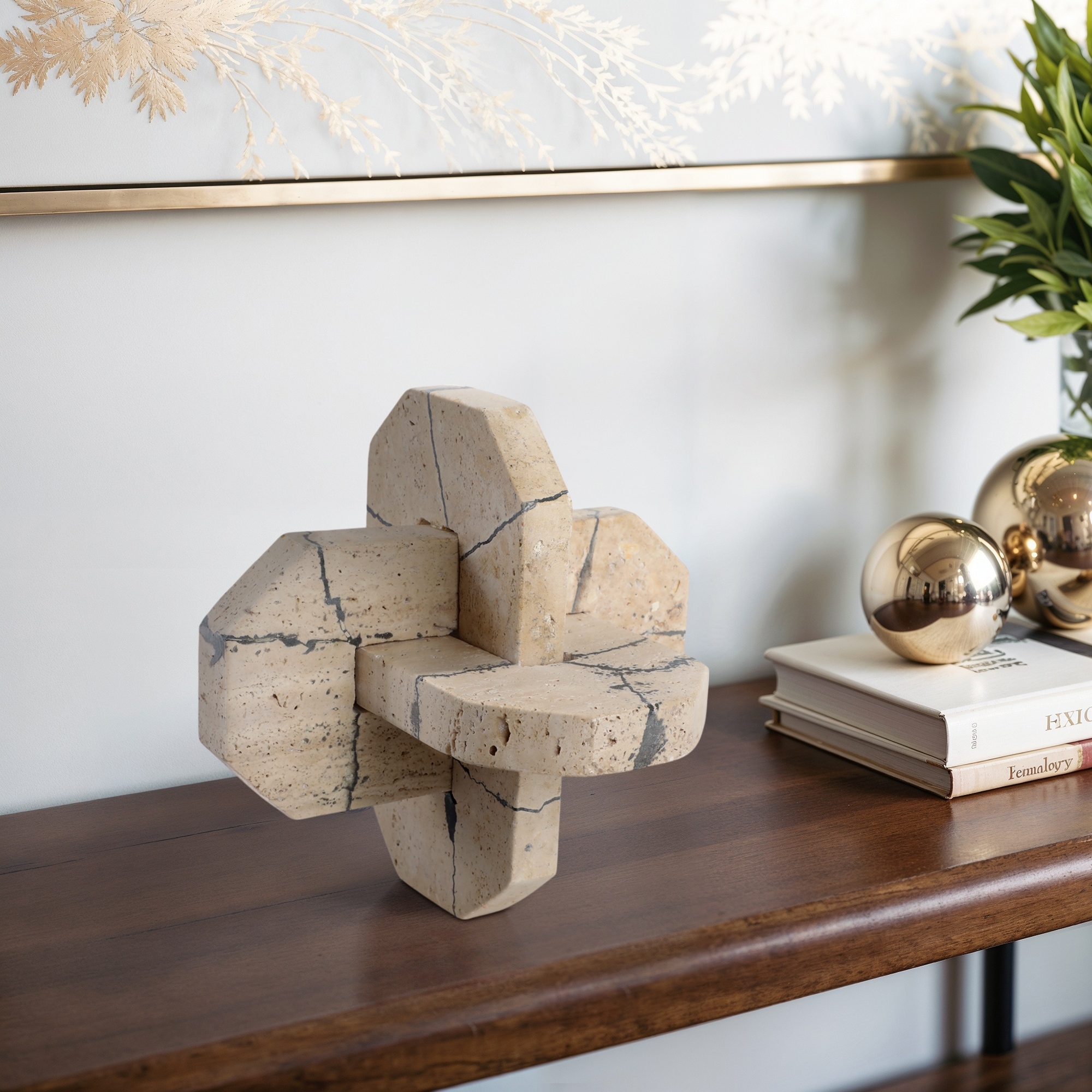 Stone Decorative Object Interlocking Geometric Sculptural Design