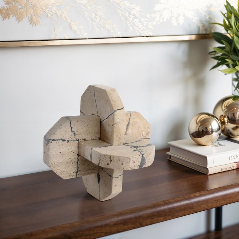 Stone Decorative Object Interlocking Geometric Sculptural Design - 9" x 9" x 9"