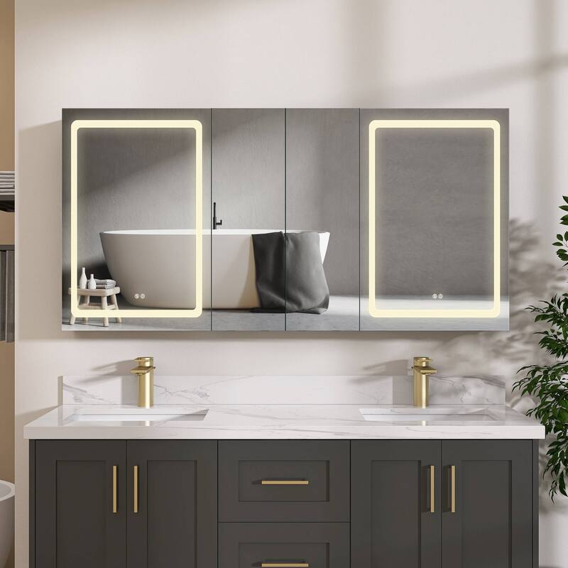 ZEAFIVE LED Black Bathroom Medicine Cabinet Surface Mount Defog Medicine Cabinet 3 Lights Dimmable