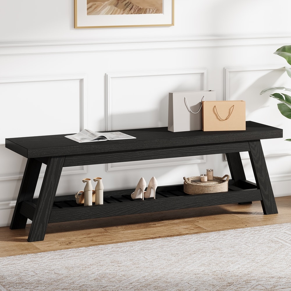 2-Tier Entryway Shoe Bench with Storage, 55-Inch Wood Storage Bench for Living Room, Bedrooms - 55.12" W x 13.78" D x 17.72" H