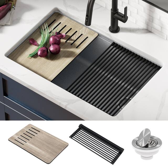 KRAUS Bellucci Workstation Undermount Granite Composite Kitchen Sink - 29" L x 19" W (sink KGUW2-30MGR) - Metallic Grey