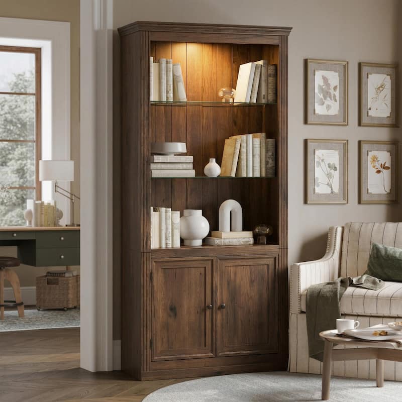 78.75"4-Tier Display Shelf,with LED Ceiling Warm Light,Freestanding with Storage & Doors,Bookshelf with Adjustable Glass Shelves