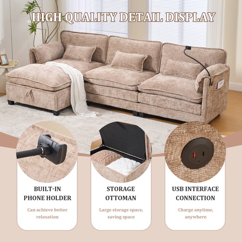 GALDWIN Chenille Upholstered L-shaped Modular Sectional Sleeper Sofa with Movable Storage Ottoman,USB&Type-C