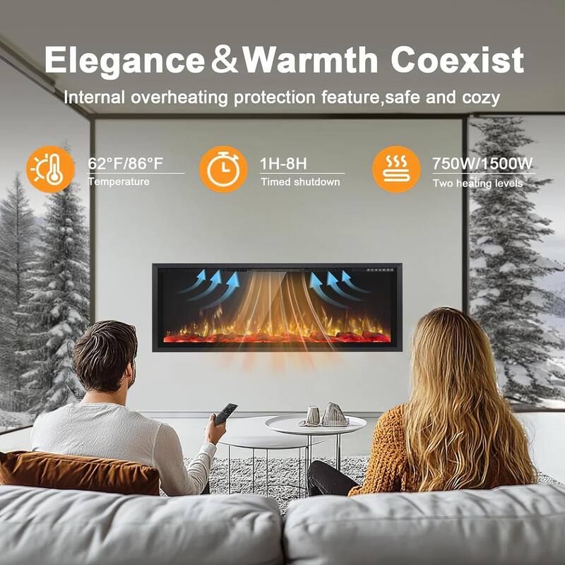 BOSSIN Recessed Wall Mount Electric Fireplace - Ultra-Narrow Frame, Low Noise, Remote w/Timer, Adjustable Flame Color & Speed