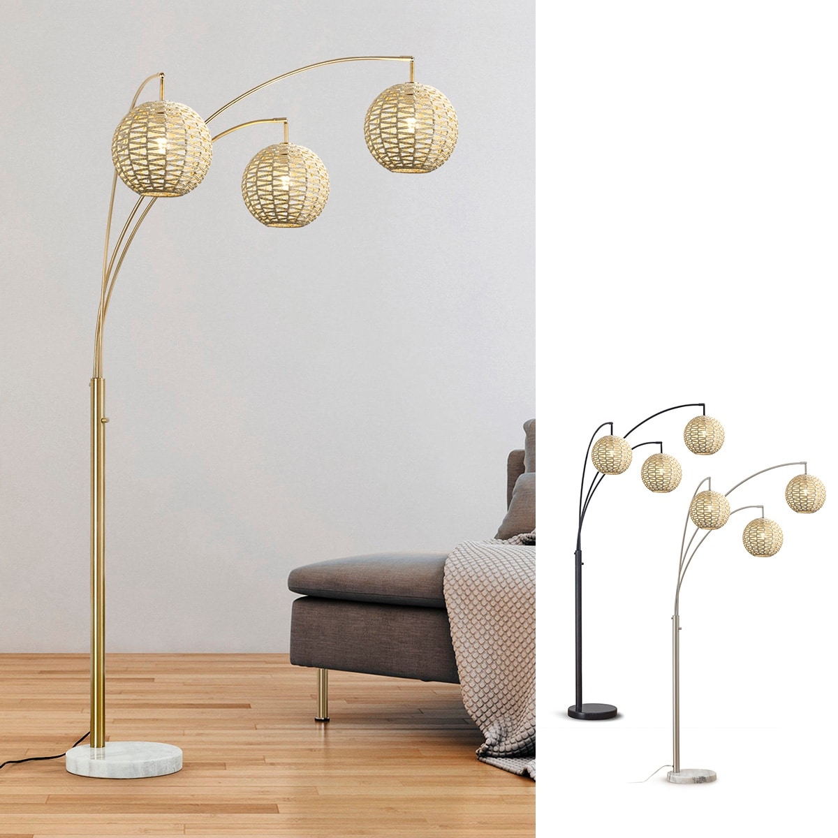 HOMEGLAM 83" 3-Light Globe Woven Rattan Arched Floor Lamp