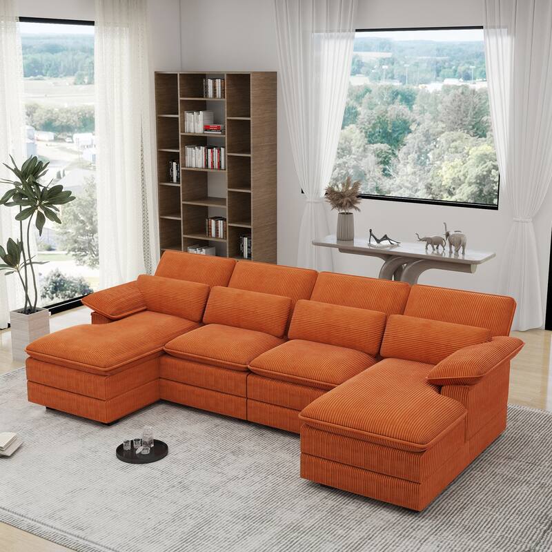 111.8" U-Shaped Cloud Sectional, 4-Seater Corduroy Upholstered Sectional with Recliner and Cushions