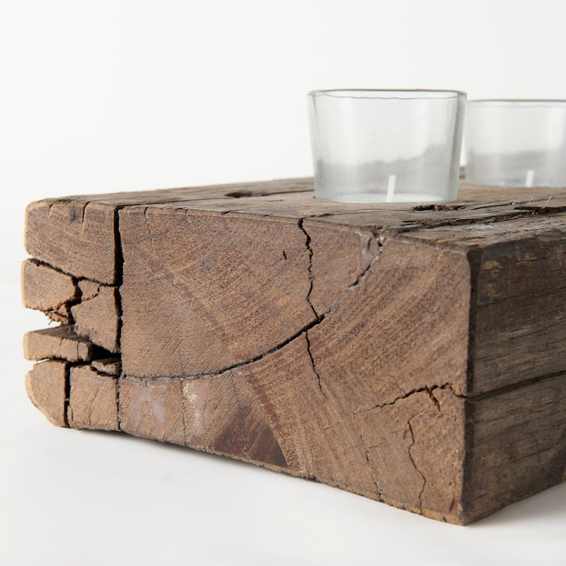 Lakara Brown Reclaimed Wood with 8 Glass Tealight Candle Holder - 36"W x 8"D x 3"H