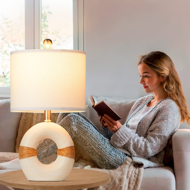 Table Lamps Resin White Donut Style Rotary Switch Jute Rope Accessory (Set of 2) - 9.5'' x 9.5'' x 18'' (L x W x H)