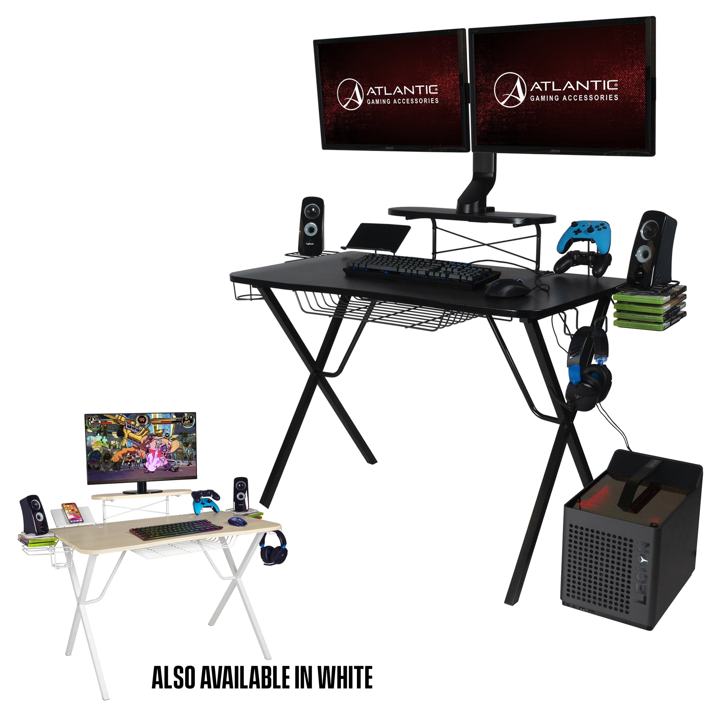Atlantic Professional Gaming Desk Pro with Built-in Storage, Metal  Accessory Holders and Cable Slots, 36 H, Black