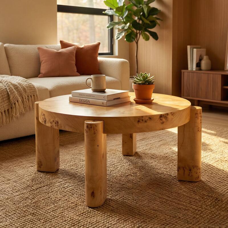 Studio London Round Coffee Table Maple Burl Wood Veneer with Easy Assembly