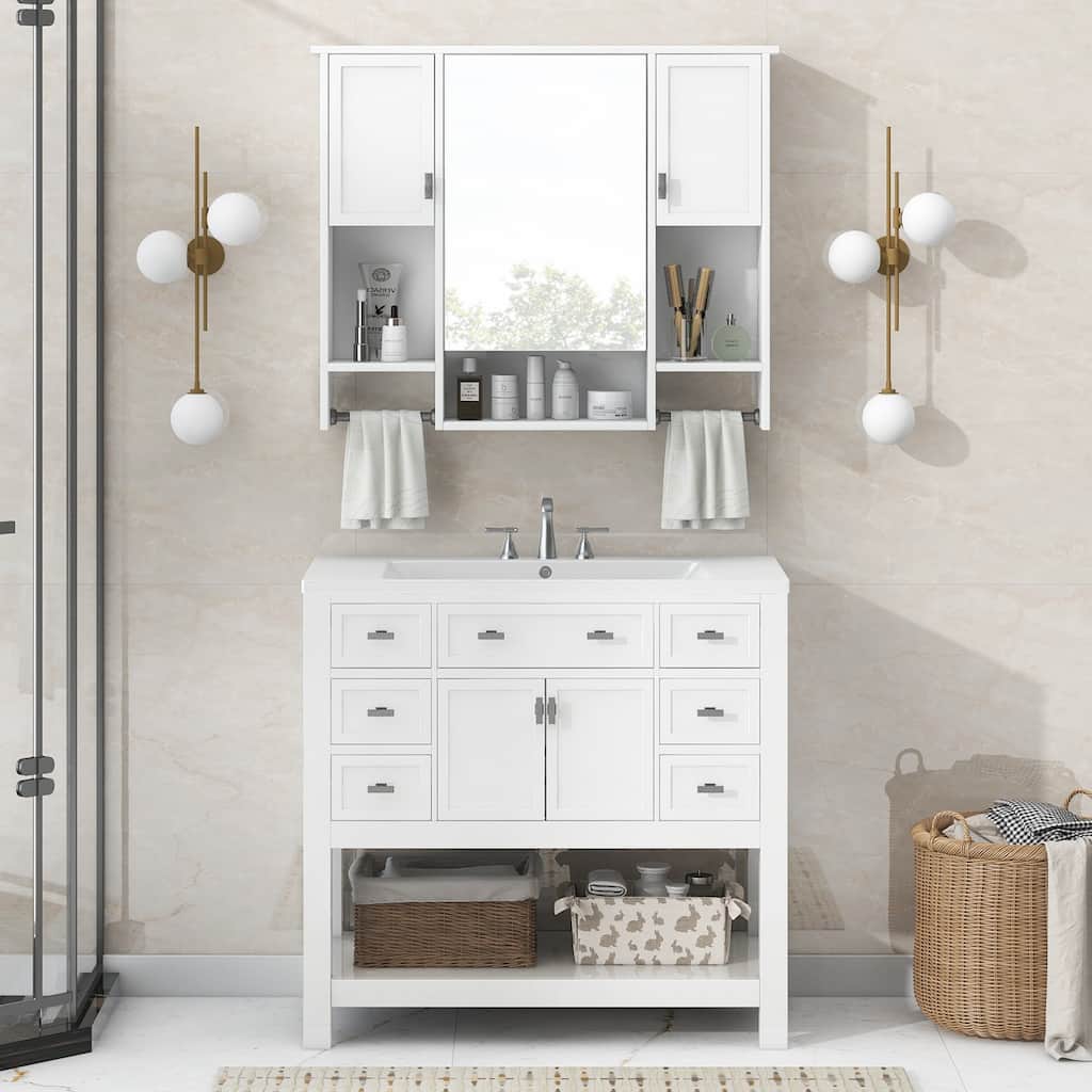 Bathroom Furniture Set of 2 - Vanity Cabinet with 6 Drawers and Open Shelf, Mirror Cabinet with 2 Towels Bars and 3 Open Shelves