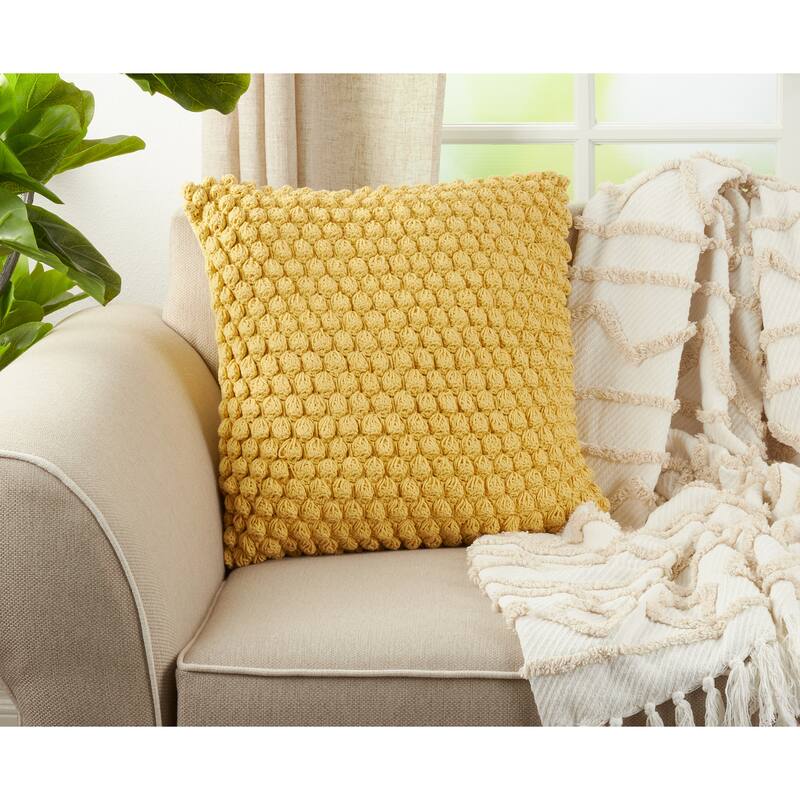 Cotton Throw Pillow With Crochet Pom Pom Design And Down Filling