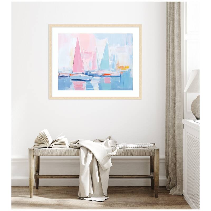 Kate and Laurel Framed Art Abstract Sailboat Harbor Landscape by The Creative Bunch Studio