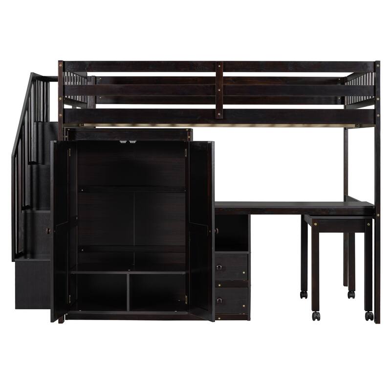Multifunctional Loft Bed w/Stairs, Bookshelf, Drawers, Desk & Wardrobe