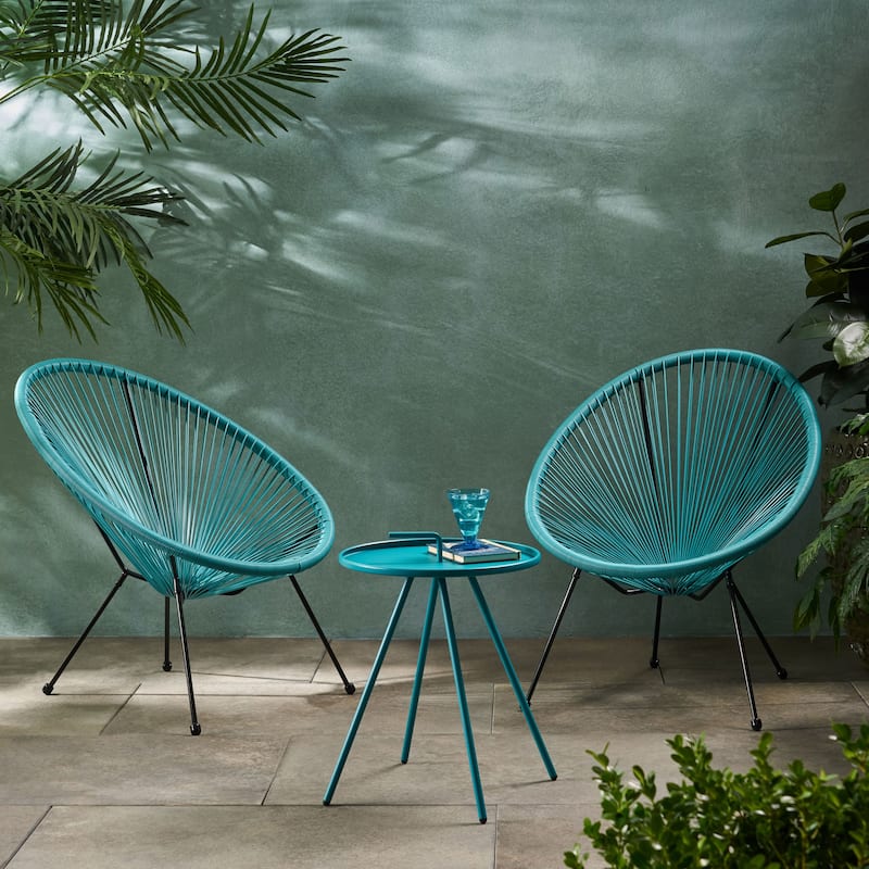 Vida Outdoor Woven 3 Piece Chat Set by Christopher Knight Home - Teal + Black