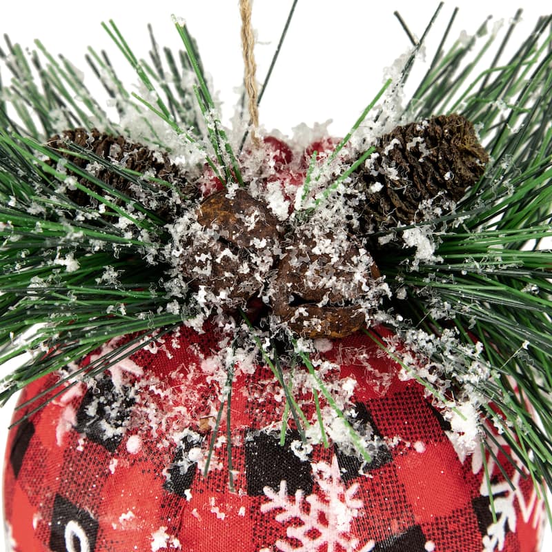 Buffalo Plaid and Pine Needle Snowflake Christmas Ball Ornament - 5.5" - Black and Red