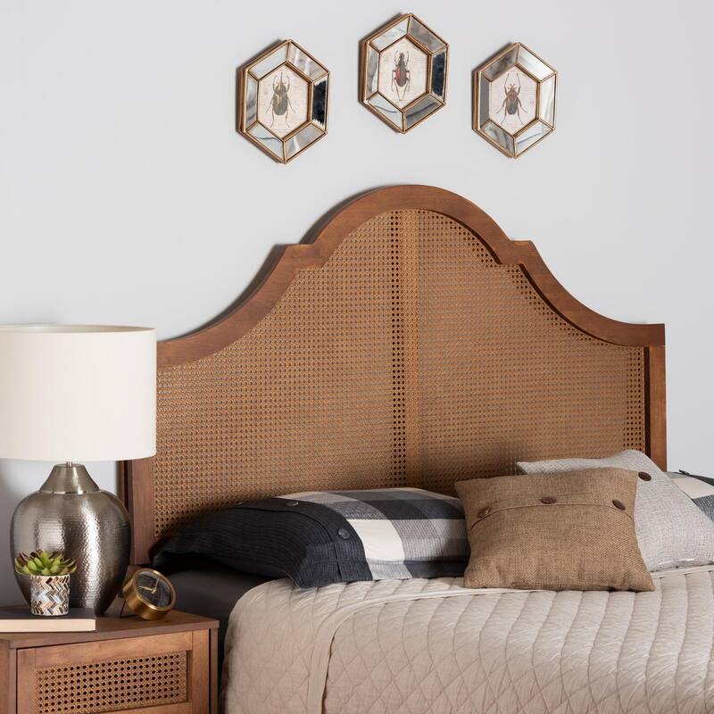Queen Ash Walnut Finished Wood Headboard with Rattan Accent, Traditional Curved Design and Boho Charm