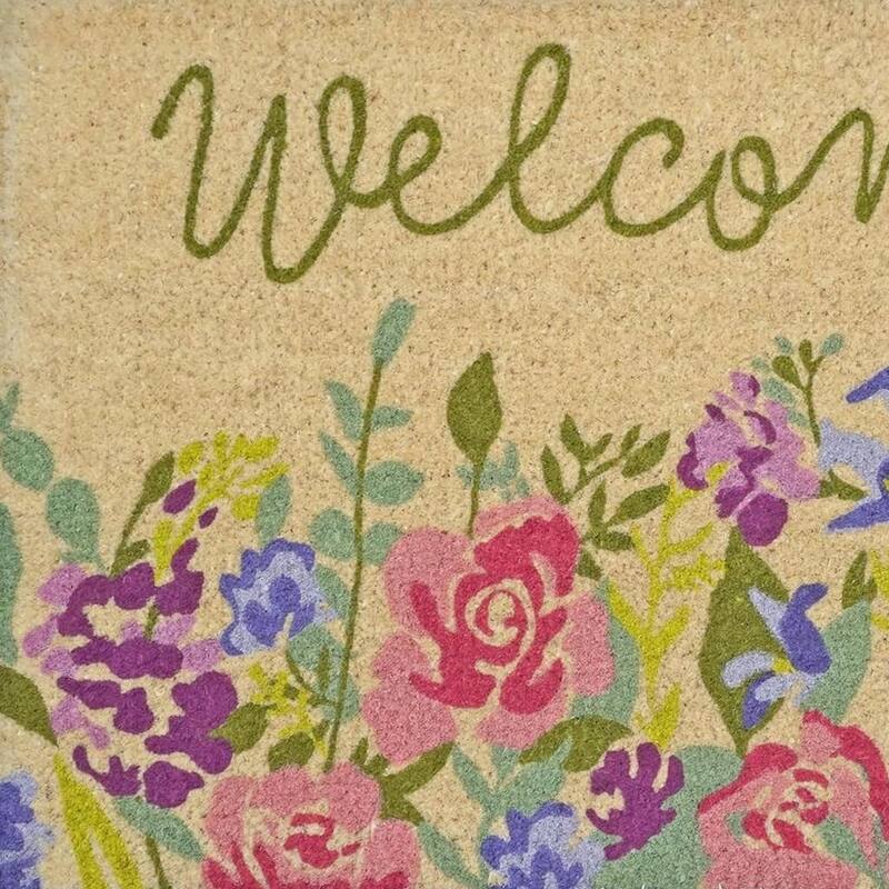 HomeRoots 18" X 30" Brown Green And Pink Floral Welcome Outdoor Coir Door Mat - 18.00' X '30.00
