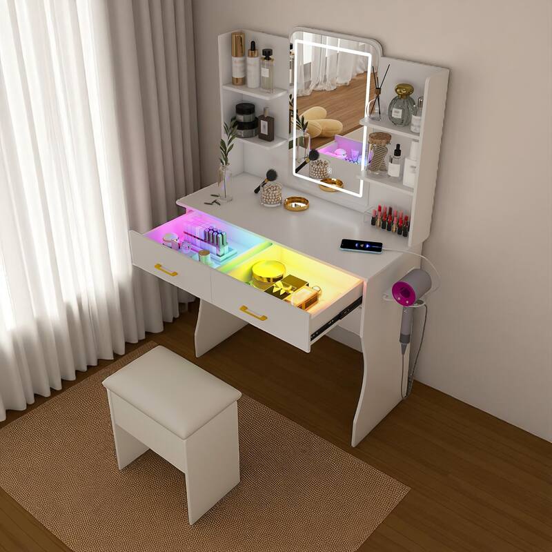 KISRAIS 35.4" Fashion Vanity Desk with Mirror and Lights, Cushioned Stool, Power Station, and Hair dryer bracket