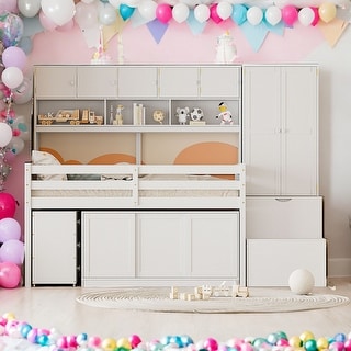 Efficient Twin Size Wooden Loft Bed Big Storage, Under-bed Desk, Drawers and Integrated Wardrobe, Mobile Workstation, White
