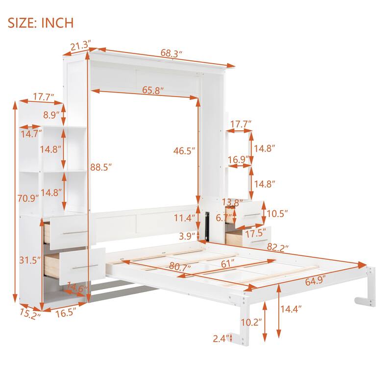 Murphy Bed Wall Bed with Shelves, Drawers and LED Lights (Full Size And Queen Size)