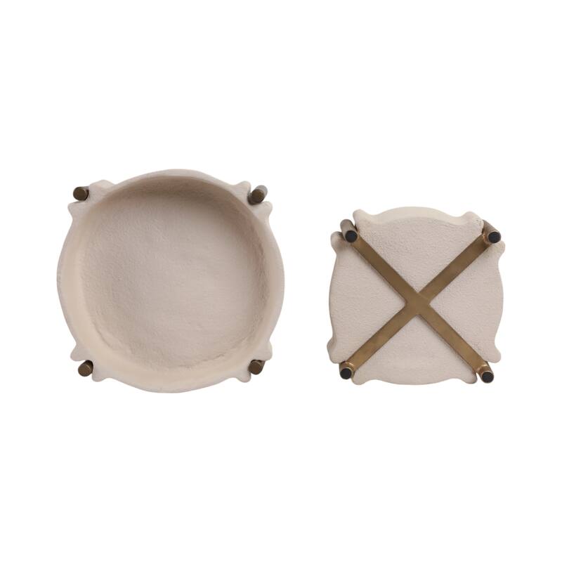 Pottery and Metal Round Accent Tray- Set of 2 - 14", 11", Beige & Gold - 14.0"