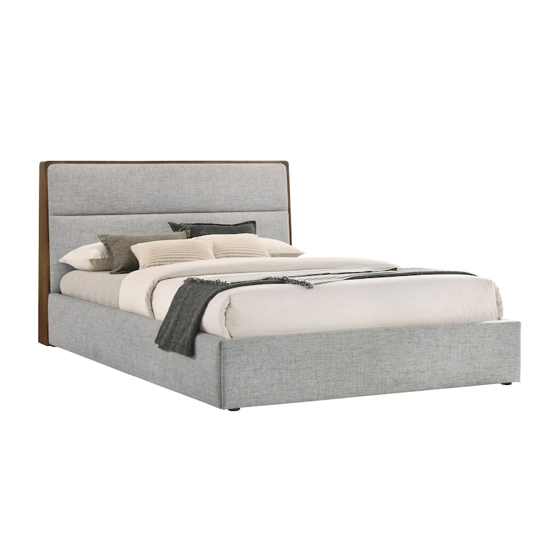 Aki Queen Size Platform Bed, Cushioned Upholstery, Gray Polyester, Walnut