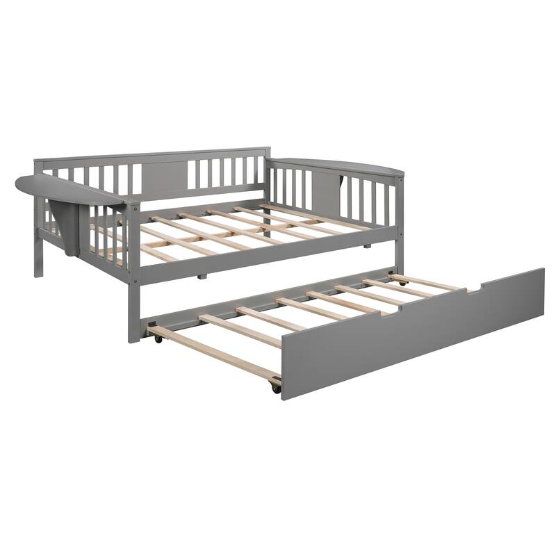 Wooden Daybed with Trundle Bed & Slatted Support, Dual-Use Sturdy Sofa Bed for Bedroom or Living Room