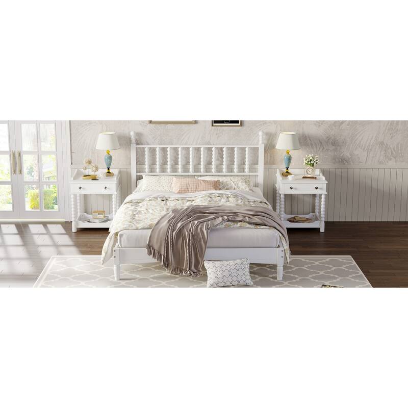 Queen Size Wood Platform Bed with Gourd Shaped Headboard, Retro Style, No Box Spring Needed, Sturdy Wooden Slats for Bedroom