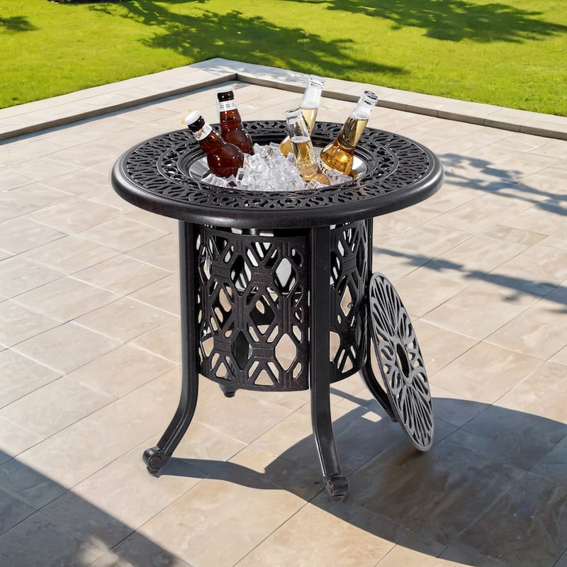 21"Side table With Removable Ice Bucket- Rustproof Cast Aluminum Frame, Hand-Brushed Finish, Food-Grade 304 Stainless Steel