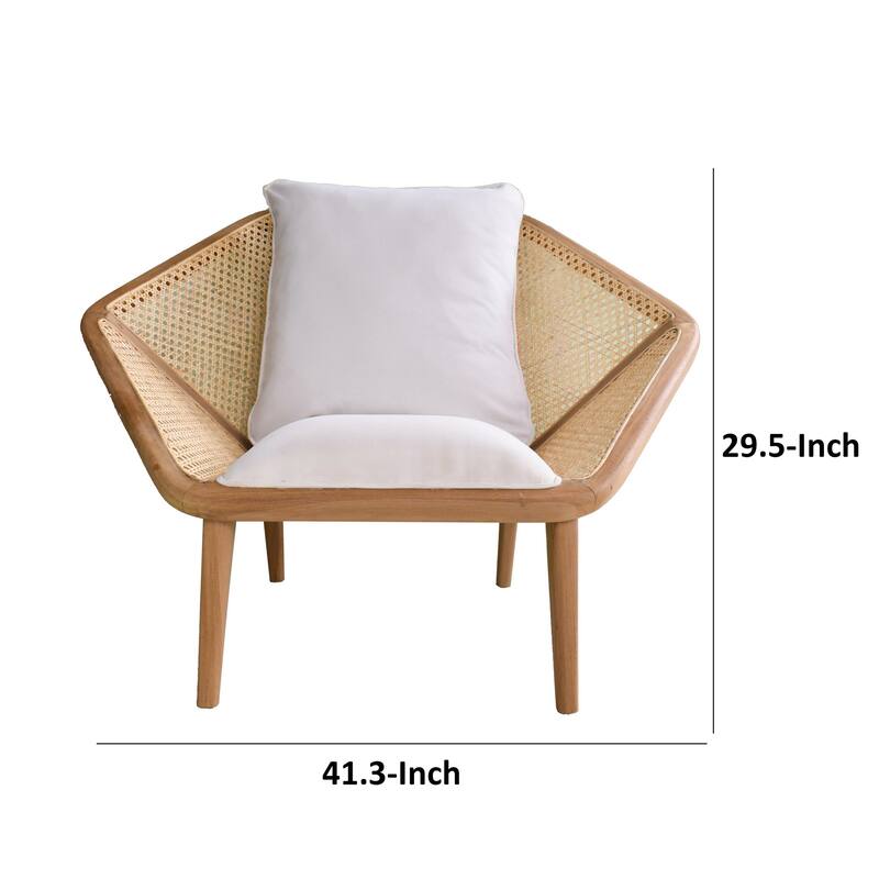 41 Inch Accent Leisure Chair with Cushion, Woven Rattan, Teak Wood, Brown