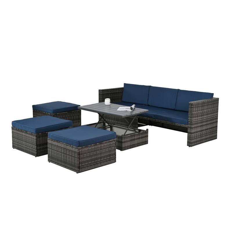 5 Piece Outdoor PE Wicker Sofa Set, Patio Conversation Furniture Set with Lift TOP Coffee Table and Lounger Sofa