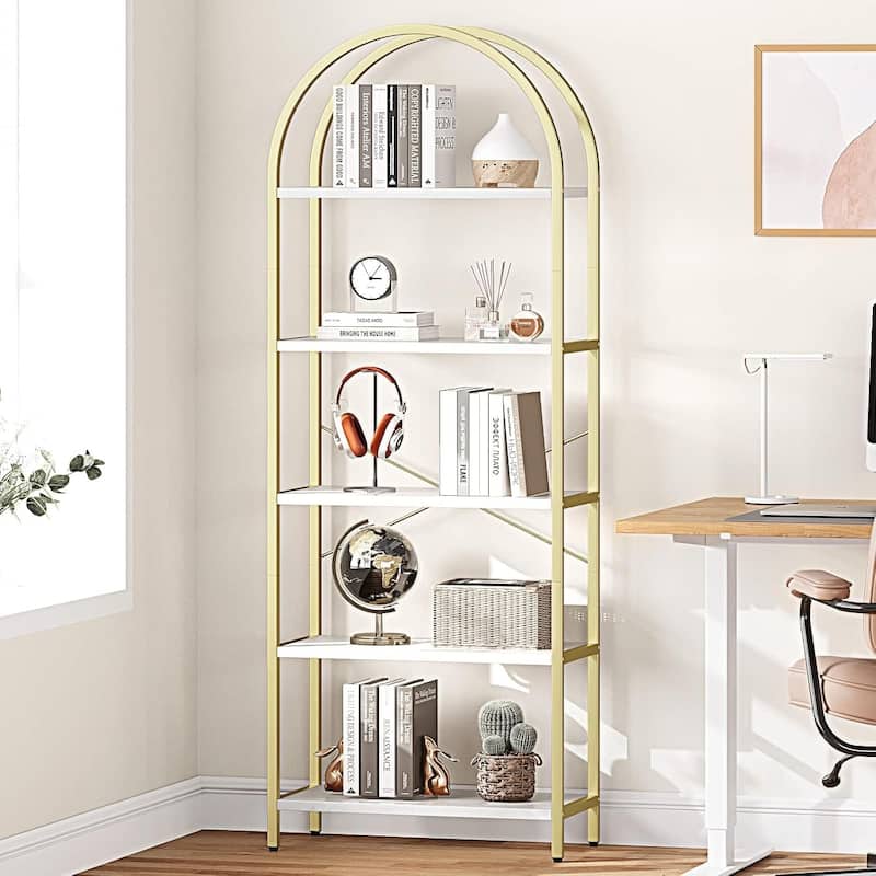 5-Tier Arched Bookshelf, Tall Wood Bookcase with Metal Frame, Modern Storage Rack for Living Room, Bedroom, or Home Office