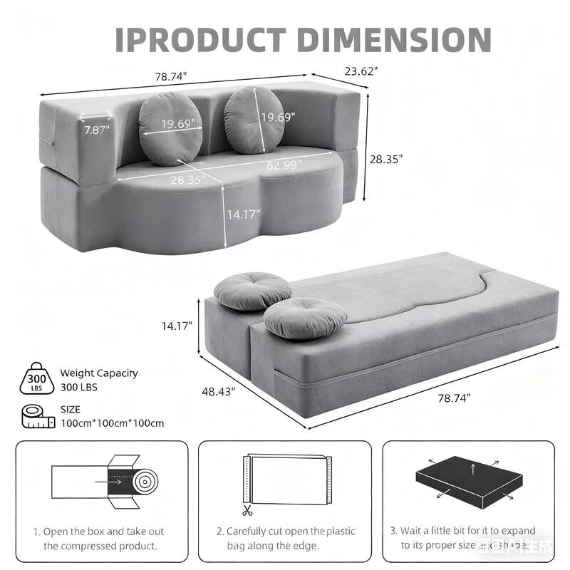Convertible Floor Sofa Bed with 2 Pillows, Plush Corduroy Foam-Filled Folding Mattress, Full Size Sleeper, No Assembly Needed