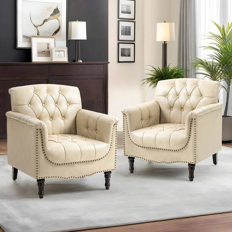 Modern Tufted Accent Armchair with Nailhead Trim Set of 2 - Beige