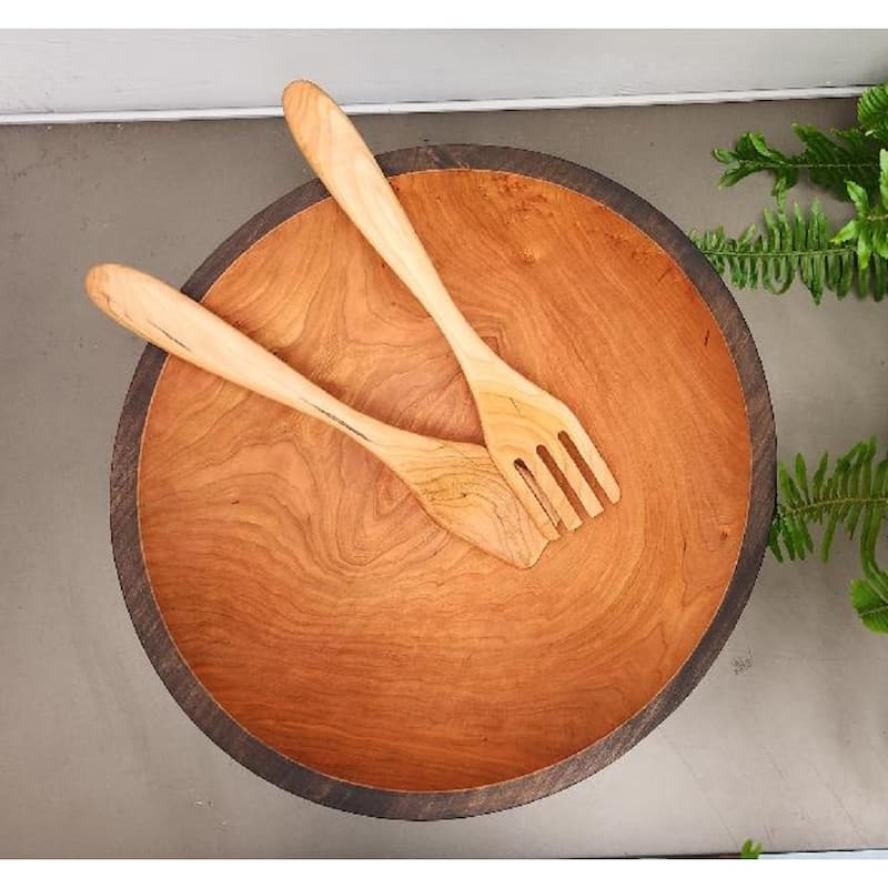 Handmade Ebonized Solid 12 inch Cherry Bowl with Servers - 12"x12"