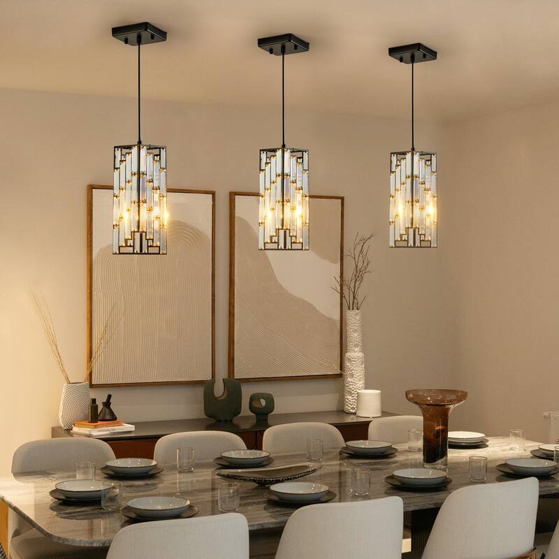 4" Modern Crystal Pendant Light - 3 Pack, Adjustable Hanging Ceiling Lamp with Crystal Prism Design for Dining Room - Black - Black