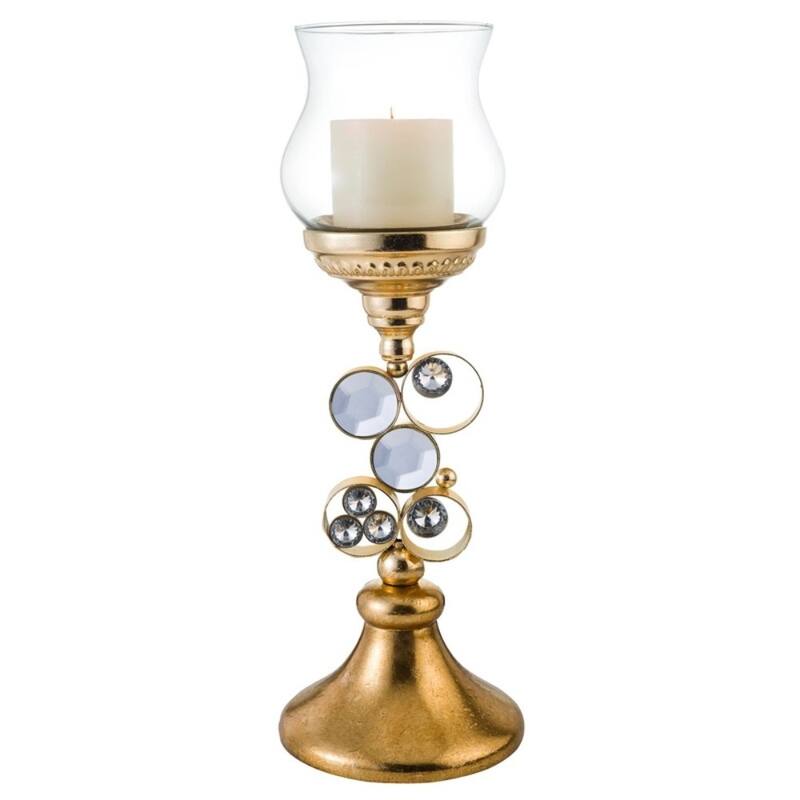 HomeRoots 18" Gold and Faux Crystal Bling Tabletop Hurricane Candle Holder - 8