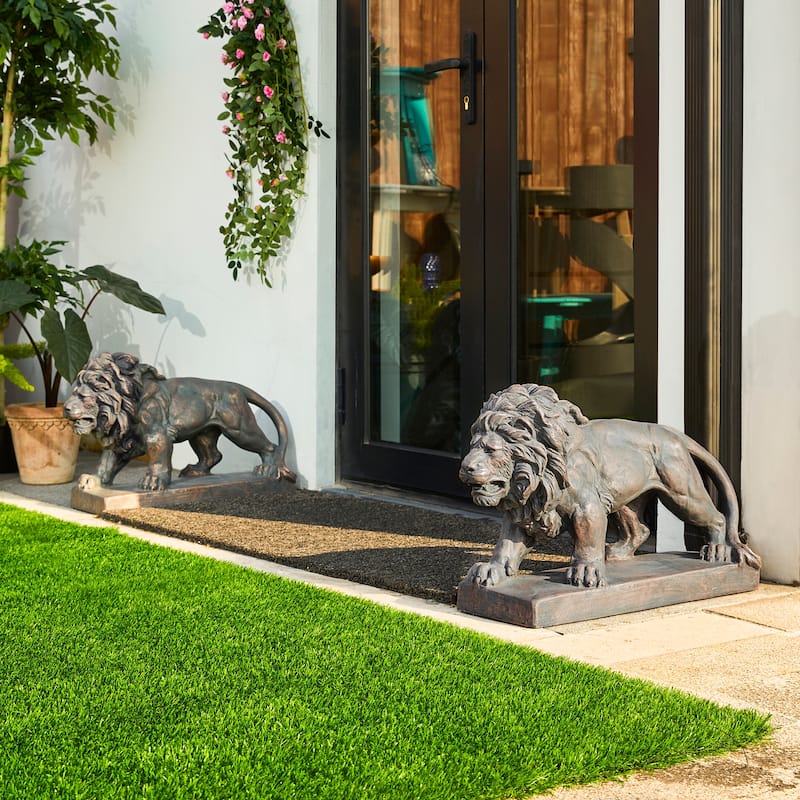 Glitzhome Set of 2 MgO Majestic Walking & Lying Guardian Lion Statues Porch Sculpture Indoor Outdoor - 24.5"L Bronze Walking Lions