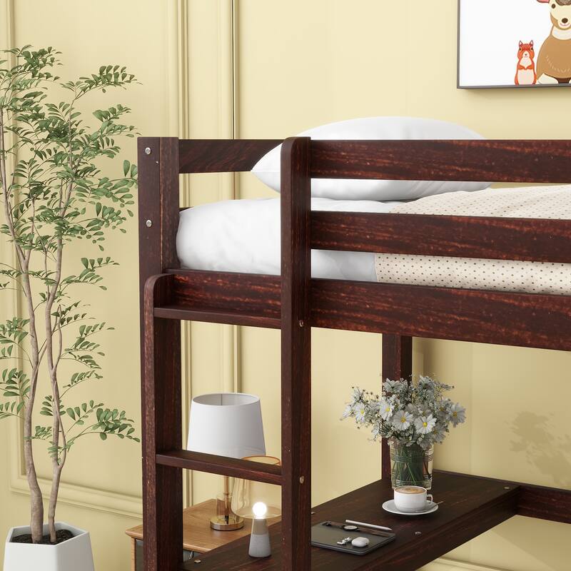 Twin High Loft Bed with Built-in Desk, Safety Guardrails, Ladder, and Rubber Wood Frame