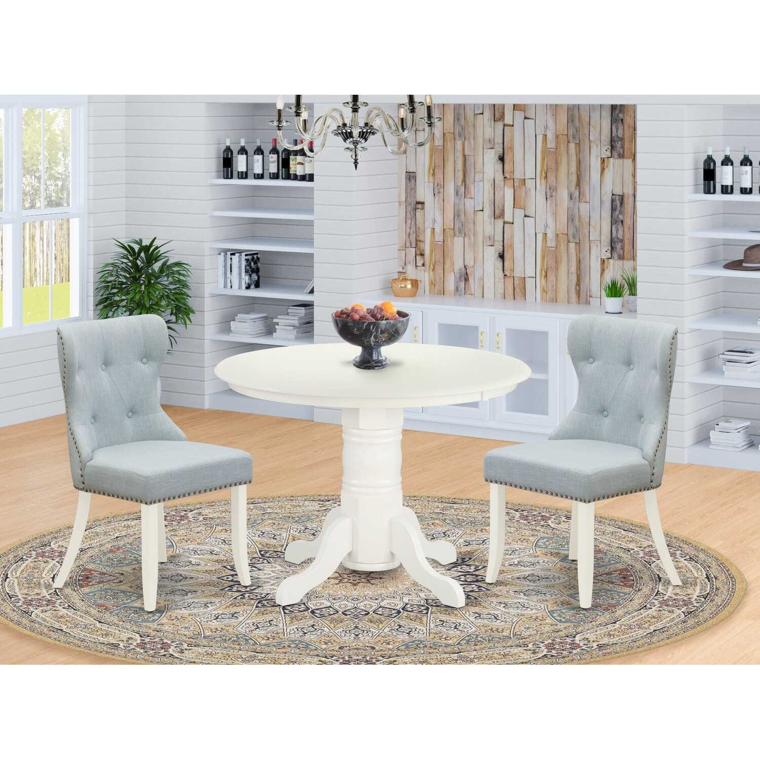 3-Piece Linen White Solid Wood Top-Dining Room Set-Seats 4