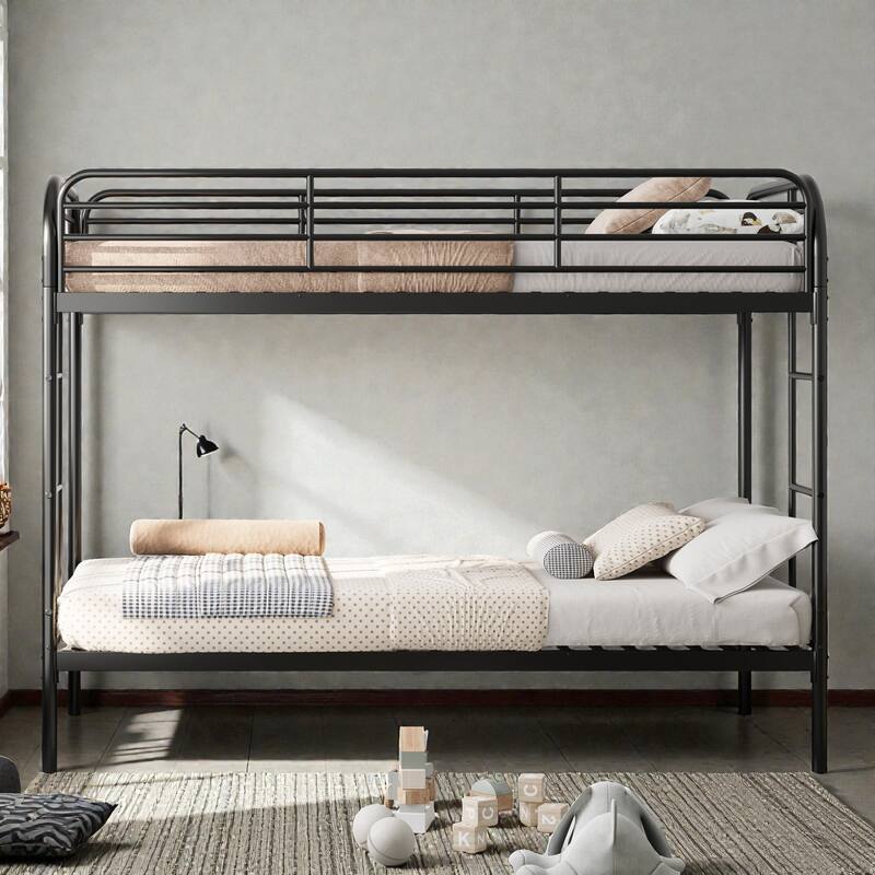 Metal Twin Over Twin Bunk Bed with 2 Ladders, Heavy-Duty Iron Frame, Full-Length Guardrails, No Box Spring Needed