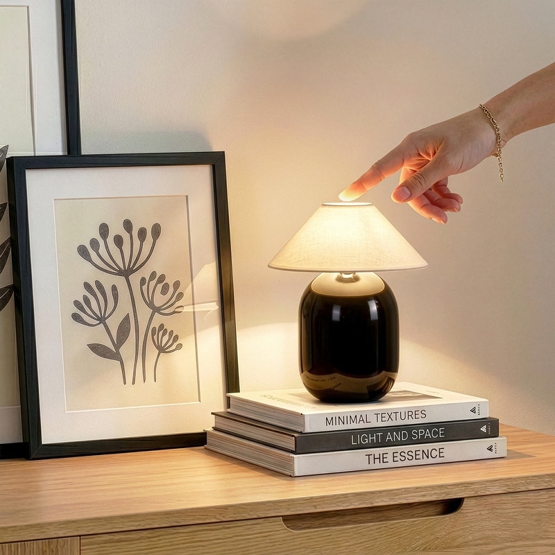 Ren LED 7.87 in Glossy Black Midcentury Modern Urn Dimmable Cordless Portable Rechargeable Bedside Nightstand Desk Lamp