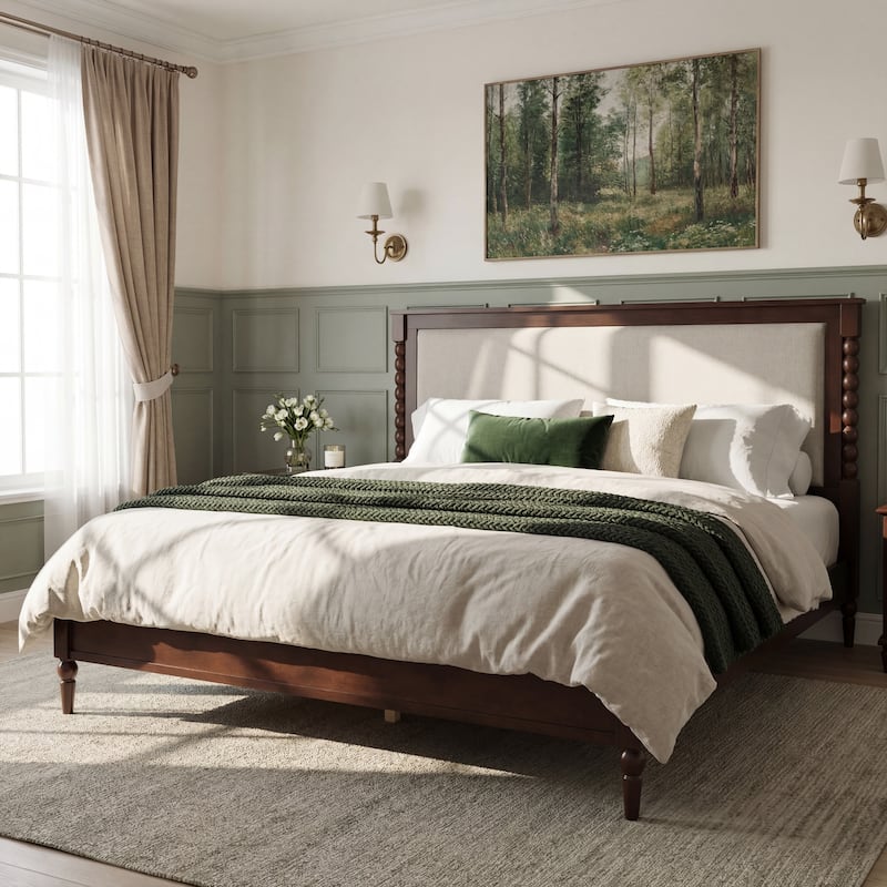 Christopher Knight Home - Traditional Wooden Platform Bed with Upholstered Headboard and Spindle Accent Design