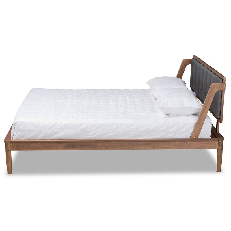 Mid-Century Modern Bed - Dark Grey Fabric & Walnut Finish - Full Size Platform Bed Frame